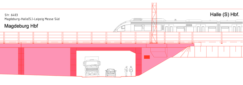 Knoten Halle: Eisenbahnüberführung Birkhahnweg (Strecke 6403) Ansicht Nord (Zeichnung: DB AG)